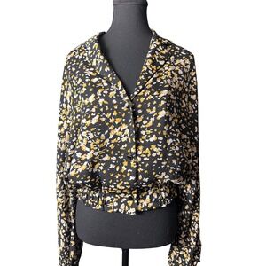 Molly Bracken Black Floral Long Sleeve Cropped Button Up Shirt Women Size S‎